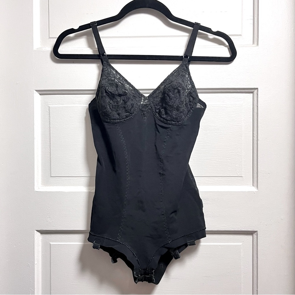 Vintage Black Mesh Lace Lingerie Body Suit One Piece Teddy Garter Hooks, Snaps